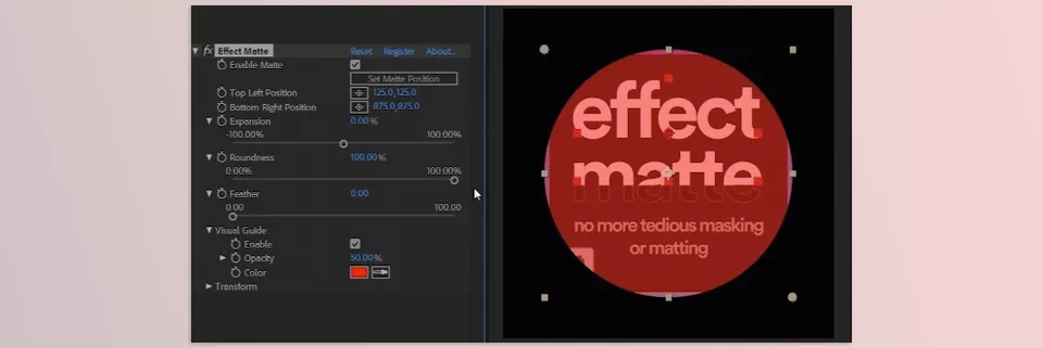Effect Matte - The Transform tab also features percentage-based controls, allowing you to create transitions quickly and precisely.