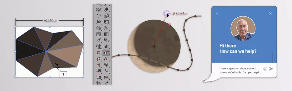 CADtools - A versatile design software, similar to Illustrator, with 100+ seamless tools, dynamic dimensions, responsive labels, and free U.S.-based tech support via call, email, or in-app chat.