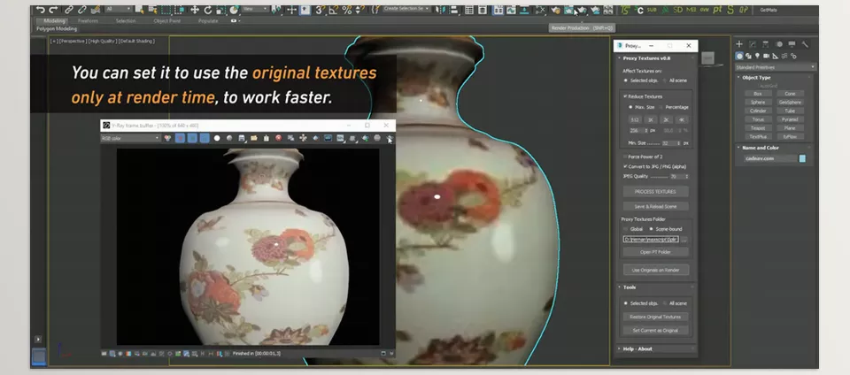 Proxy Textures - You can set it to use the original textures only during rendering, allowing smoother workflow while you work.