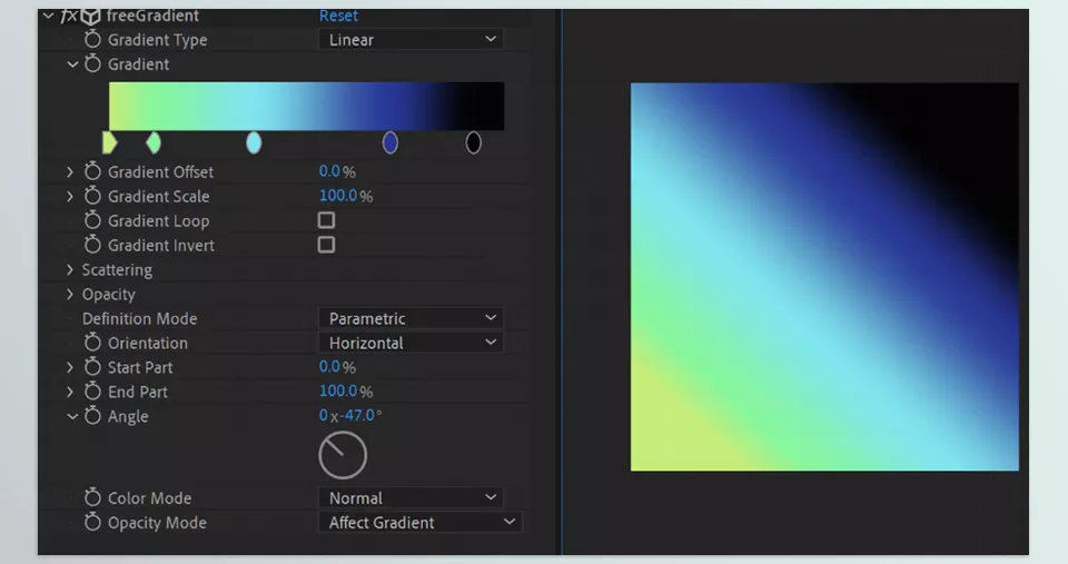 freeGradient - Start and end coordinates of the gradient ramp can be set with two points or parametrically with width and angle