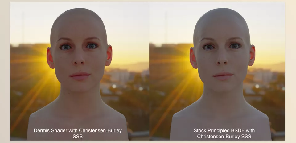 Dermis Shader - intuitive control over skin tones and a more natural appearance in color scattering and depth.