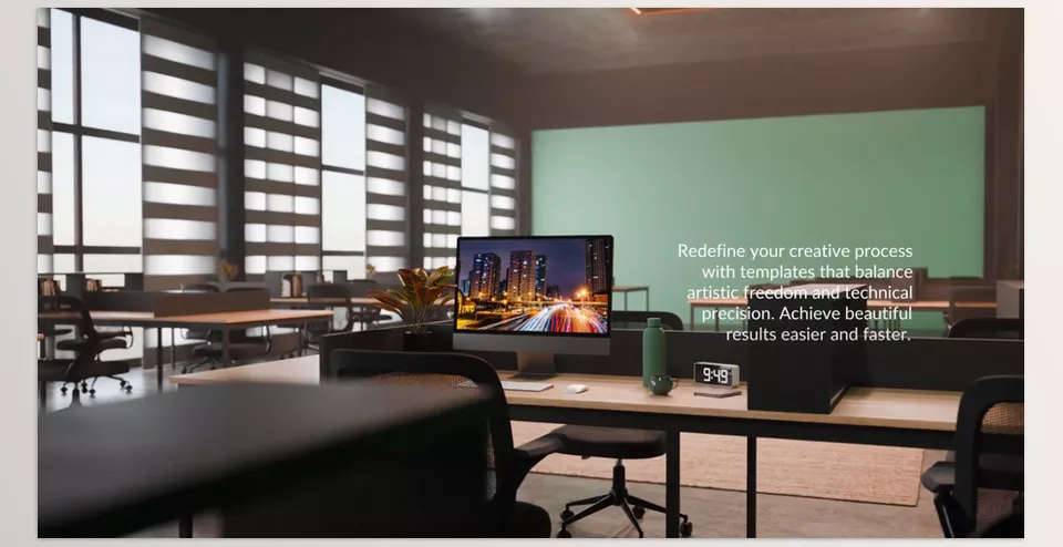 Desktop Office Computer Mockup for DaVinci Resolve - Present your media on a virtual computer screen at different angles and positions in combination with office place.