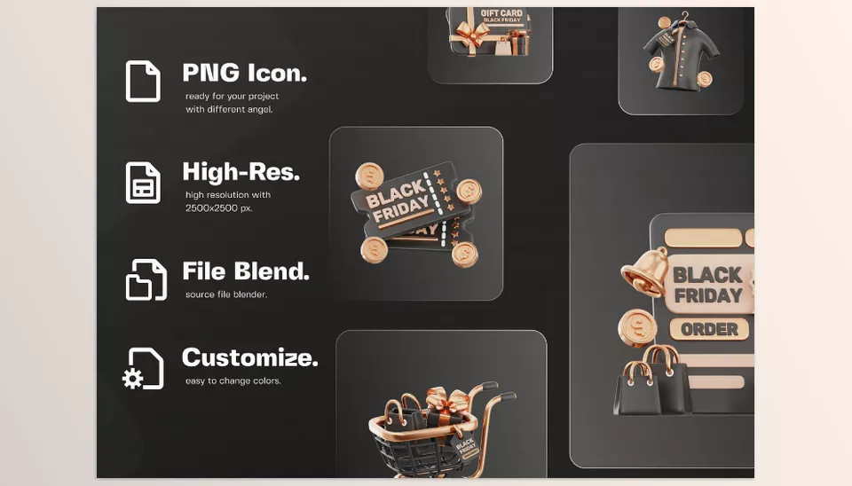 Black Friday Gold Edition 3D Illustration Pack - Easy to change and customize colors