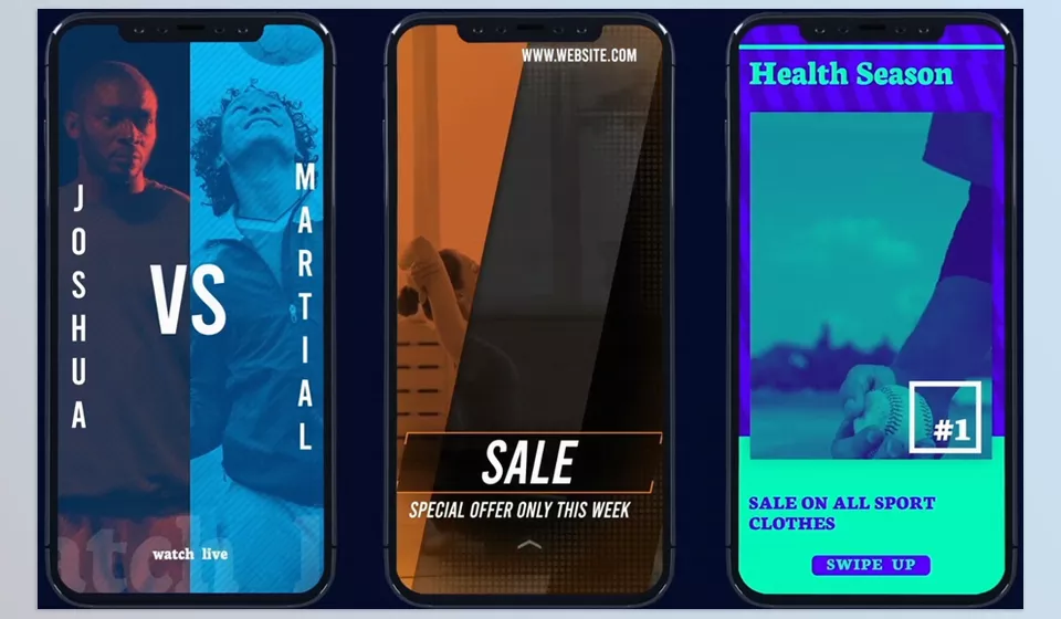 Sports Social Media Stories for After Effects - showcase your brand in a colorful and modern way for effective marketing and storytelling.