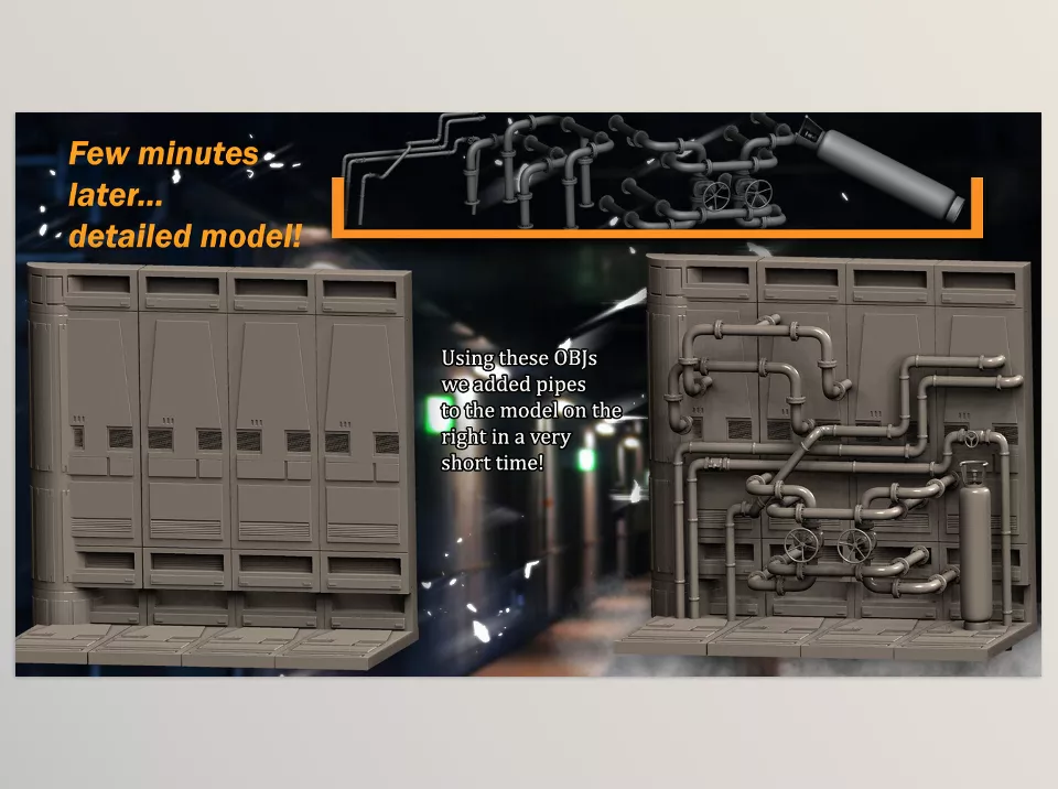 Industrial Maker 240 OBJs and 254 ZBrush IMM Brushes - Create complex industrial pipe networks with ease using pre-assembled groups.