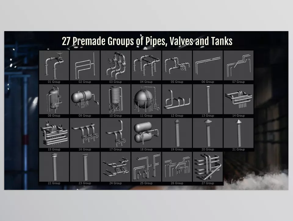 Industrial Maker 240 OBJs and 254 ZBrush IMM Brushes - Build detailed industrial and sci-fi scenes with ease!
