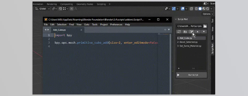 Blender - Script Port - Effortlessly manage and edit your scripts with quick access to your default system editor.