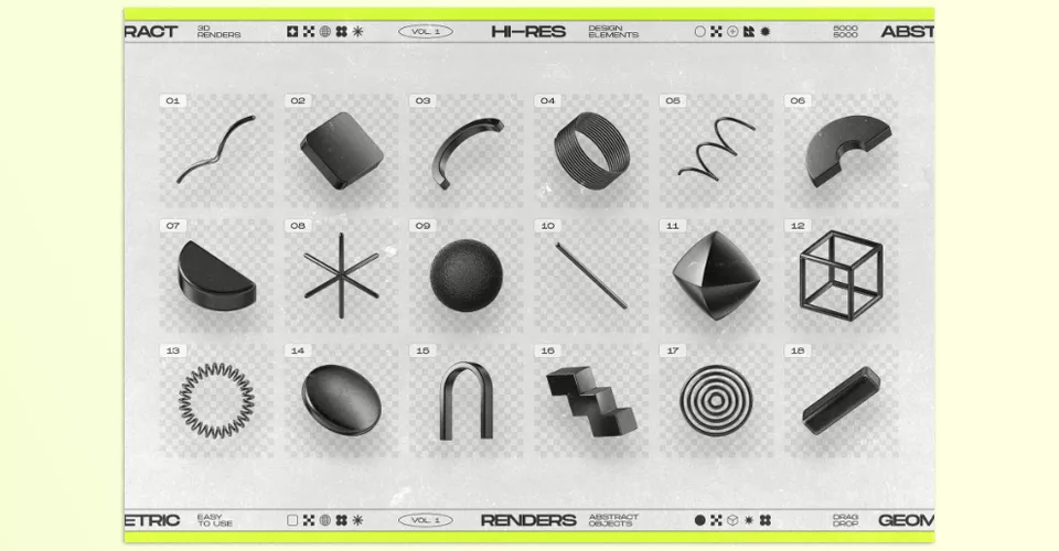 Artstation - 130 Black 3D Elements Collection Vol.1 - A 3D model designer can leverage this set of ready stencils to craft virtually anything they set their eyes on.