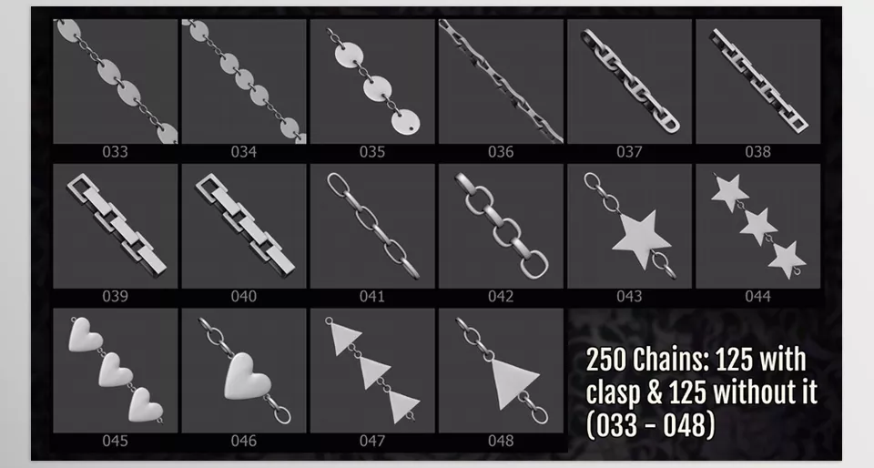Jewelry Chains Maker 250 ZBrush Curve IMM Brushes for ZBrush - Drape your 3D models in meticulously crafted chains that enhance elegance and realism.