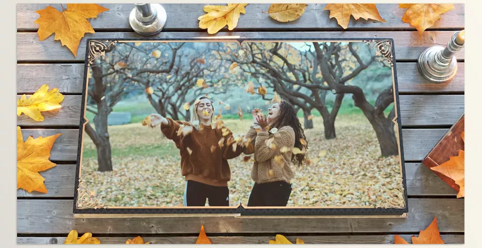 Elegant Vintage Autumn Slideshow - features a beautiful autumn scene with an animated photo album that opens up to reveal your photographs.